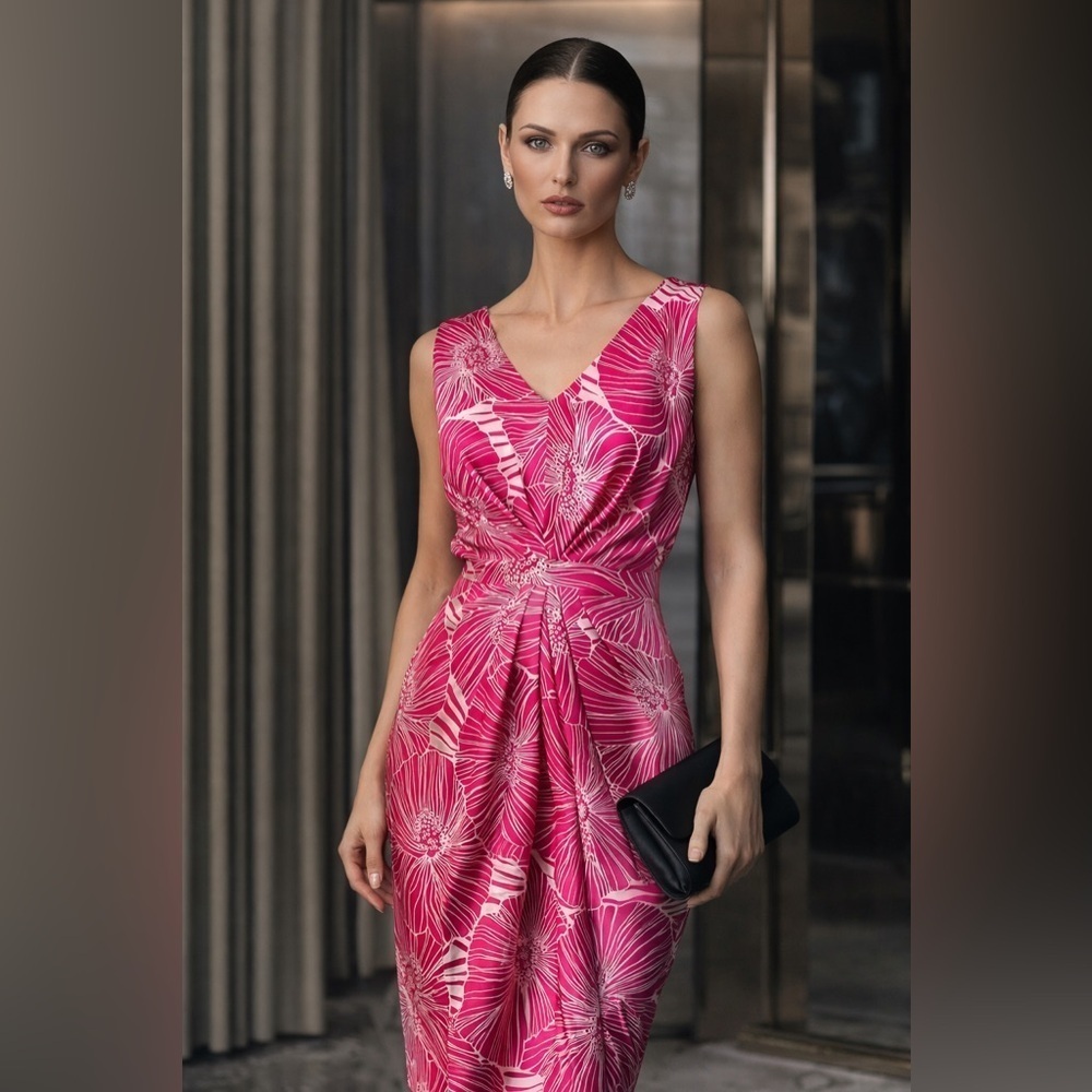 Armani Exchange Womens Pink Dress Sz 2 Floral Silk Vneck Sheath Barbiecore